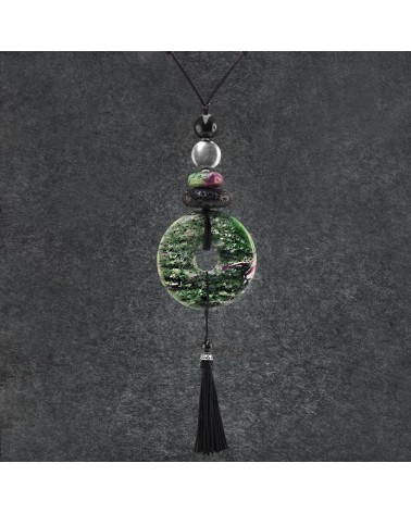 Pendentif comprenant un donut de rubis zoïsite de 50mm, lave, argent 925 et pompon