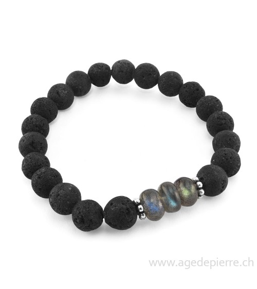 Bracelet "Gaïa" avec lave, labradorite et argent 925