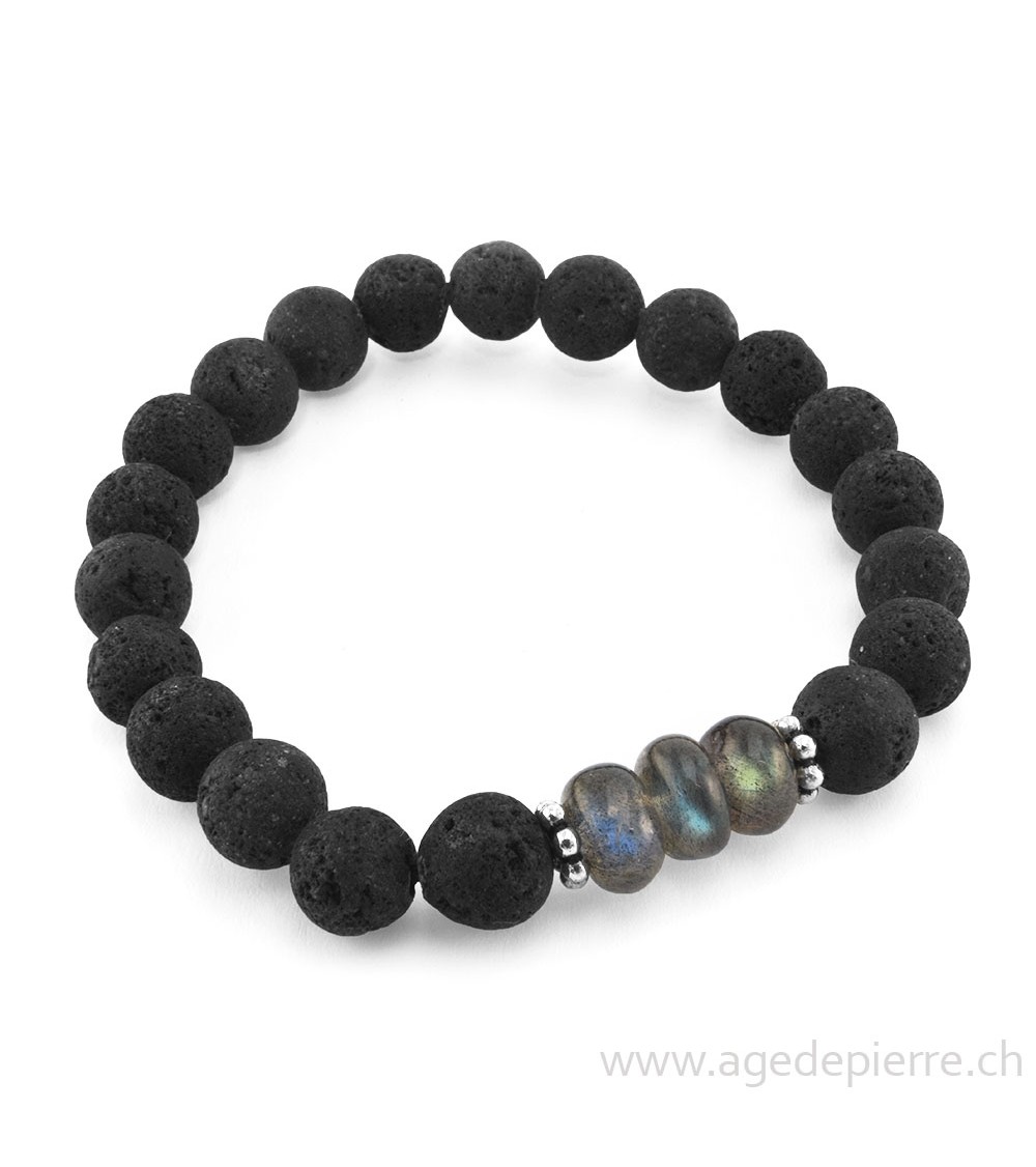 Bracelet "Gaïa" avec lave, labradorite et argent 925