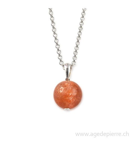 Pendentif sphère en pierre de soleil avec chaînette en argent