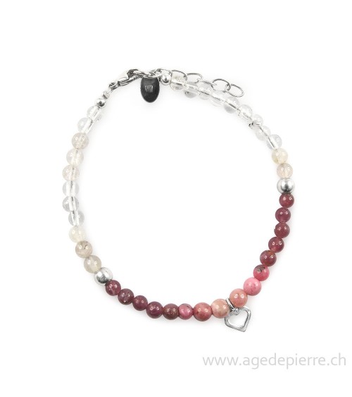 Bracelet fermoir argent "coeur" avec rhodocrosite, rhodonite, lépidolite, quartz rutile, cristal de roche
