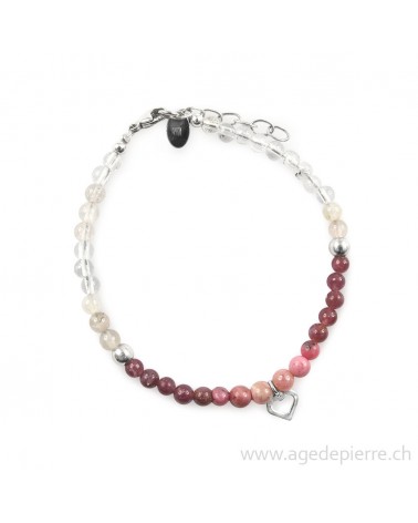 Bracelet fermoir argent "coeur" avec rhodocrosite, rhodonite, lépidolite, quartz rutile, cristal de roche