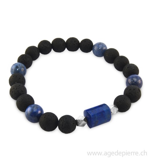 Bracelet "Gaïa" avec perles 8mm de lave, de dumortiérite, de lapis lazuli et argent 925