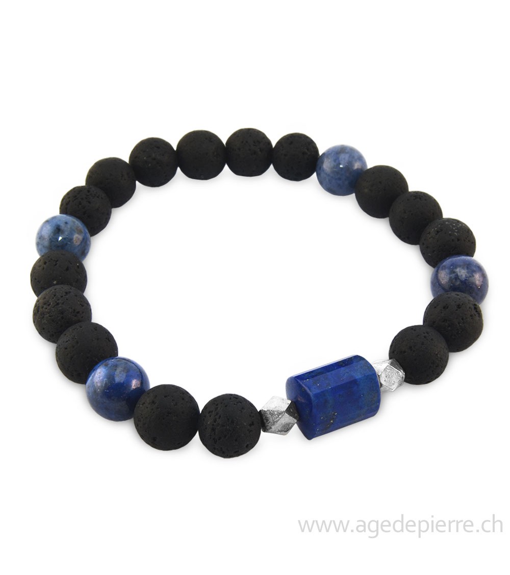 Bracelet "Gaïa" avec perles 8mm de lave, de dumortiérite, de lapis lazuli et argent 925