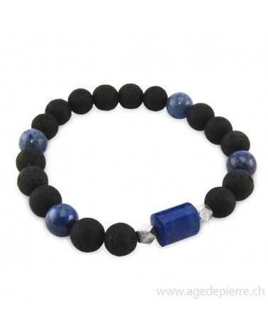 Bracelet "Gaïa" avec perles 8mm de lave, de dumortiérite, de lapis lazuli et argent 925