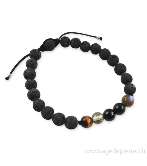 Bracelet shamballa "protection" avec lave, oeil de tigre, quartz fumé, tourmaline, obsidienne oeil-céleste et labradorite