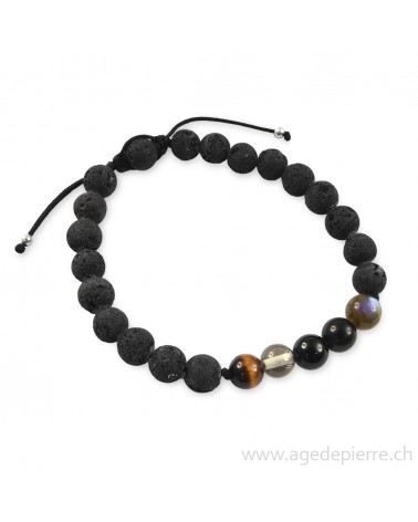 Bracelet shamballa "protection" avec lave, oeil de tigre, quartz fumé, tourmaline, obsidienne oeil-céleste et labradorite