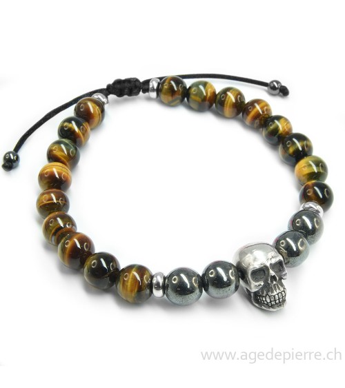 Bracelet Shamballa "Crâne" oeil de tigre et hématite