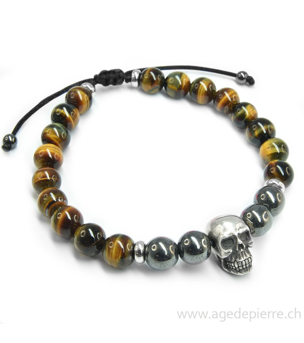 Bracelet Shamballa "Crâne" oeil de tigre et hématite