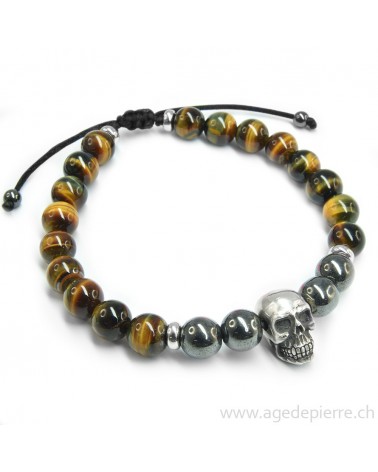 Bracelet Shamballa "Crâne" oeil de tigre et hématite