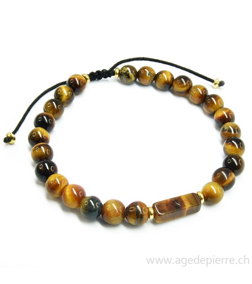 Bracelet shamballa monté sur fil noir avec oeil de tigre et apprêts dorés