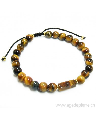Bracelet shamballa monté sur fil noir avec oeil de tigre et apprêts dorés