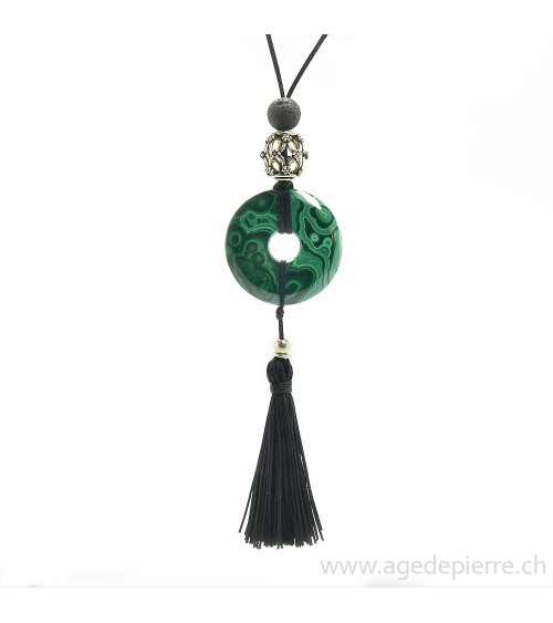 Pendentif donut malachite, lave, pompon et apprêts en argent 925 sur cordon noir avec noeuds coulissants