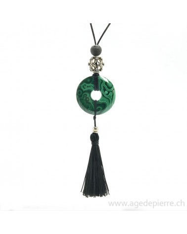 Pendentif donut malachite, lave, pompon et apprêts en argent 925 sur cordon noir avec noeuds coulissants
