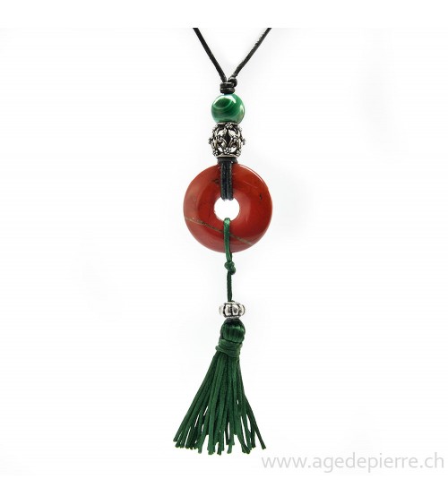 Pendentif donut en jaspe rouge, malachite, pompon et apprêts en argent 925 sur cordon noir