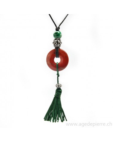 Pendentif donut en jaspe rouge, malachite, pompon et apprêts en argent 925 sur cordon noir