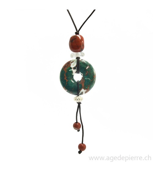 Pendentif donut en jaspe, jaspe rouge, cristal de roche, pompon