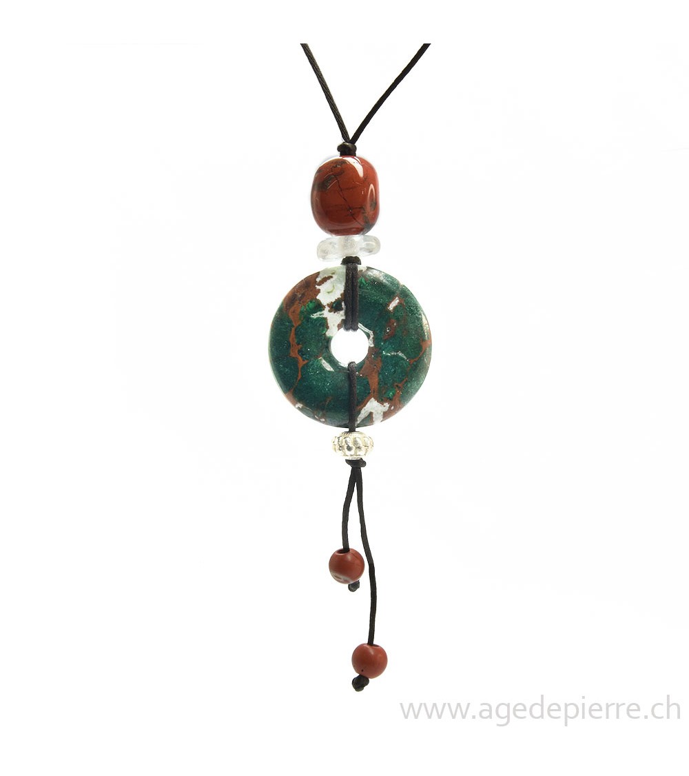 Pendentif donut en jaspe, jaspe rouge, cristal de roche, pompon