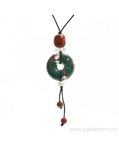 Pendentif donut en jaspe, jaspe rouge, cristal de roche, pompon