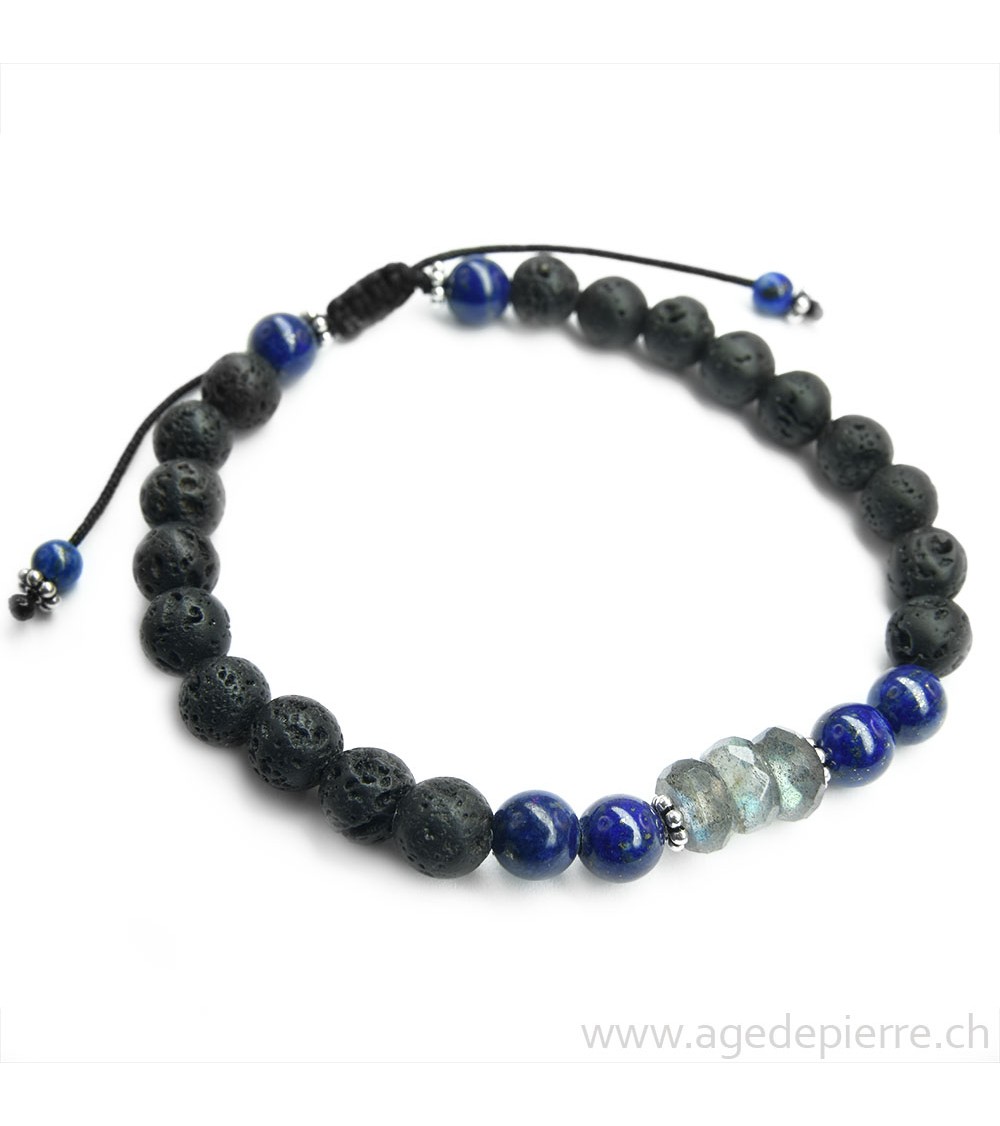 Bracelet shamballa avec perles de lave, labradorite et lapis lazuli