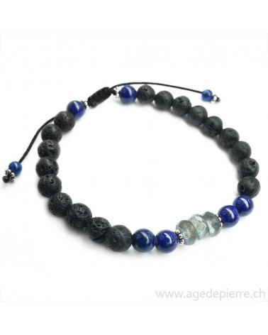 Bracelet shamballa avec perles de lave, labradorite et lapis lazuli