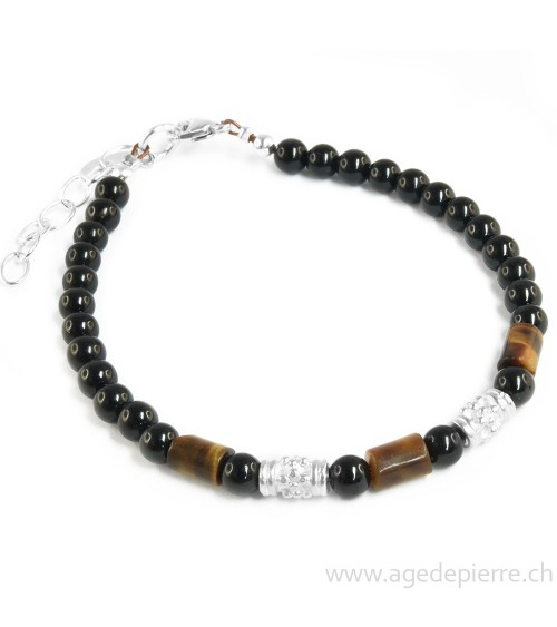 Bracelet avec perles d'oeil de tigre, tourmaline noire et argent 925