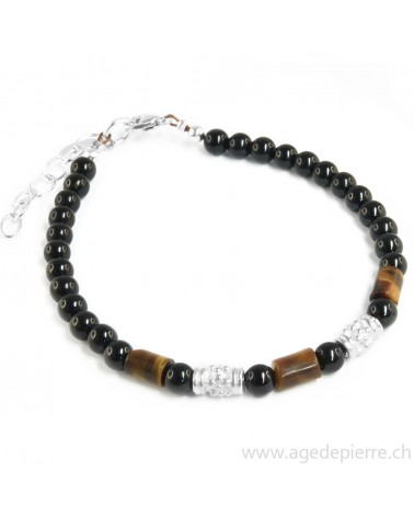 Bracelet avec perles d'oeil de tigre, tourmaline noire et argent 925