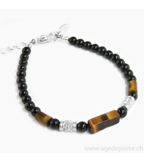 Bracelet avec perles d'oeil de tigre, tourmaline noire et argent 925
