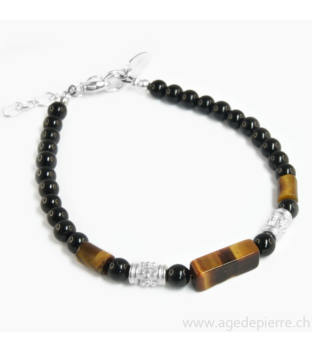 Bracelet avec perles d'oeil de tigre, tourmaline noire et argent 925