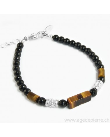 Bracelet avec perles d'oeil de tigre, tourmaline noire et argent 925