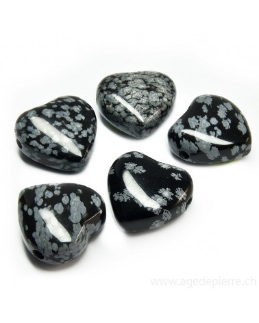 Pendentif coeur percé en obsidienne flocon de neige