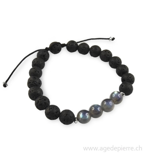 Bracelet shamballa en Labradorite et lave avec perles de 8mm
