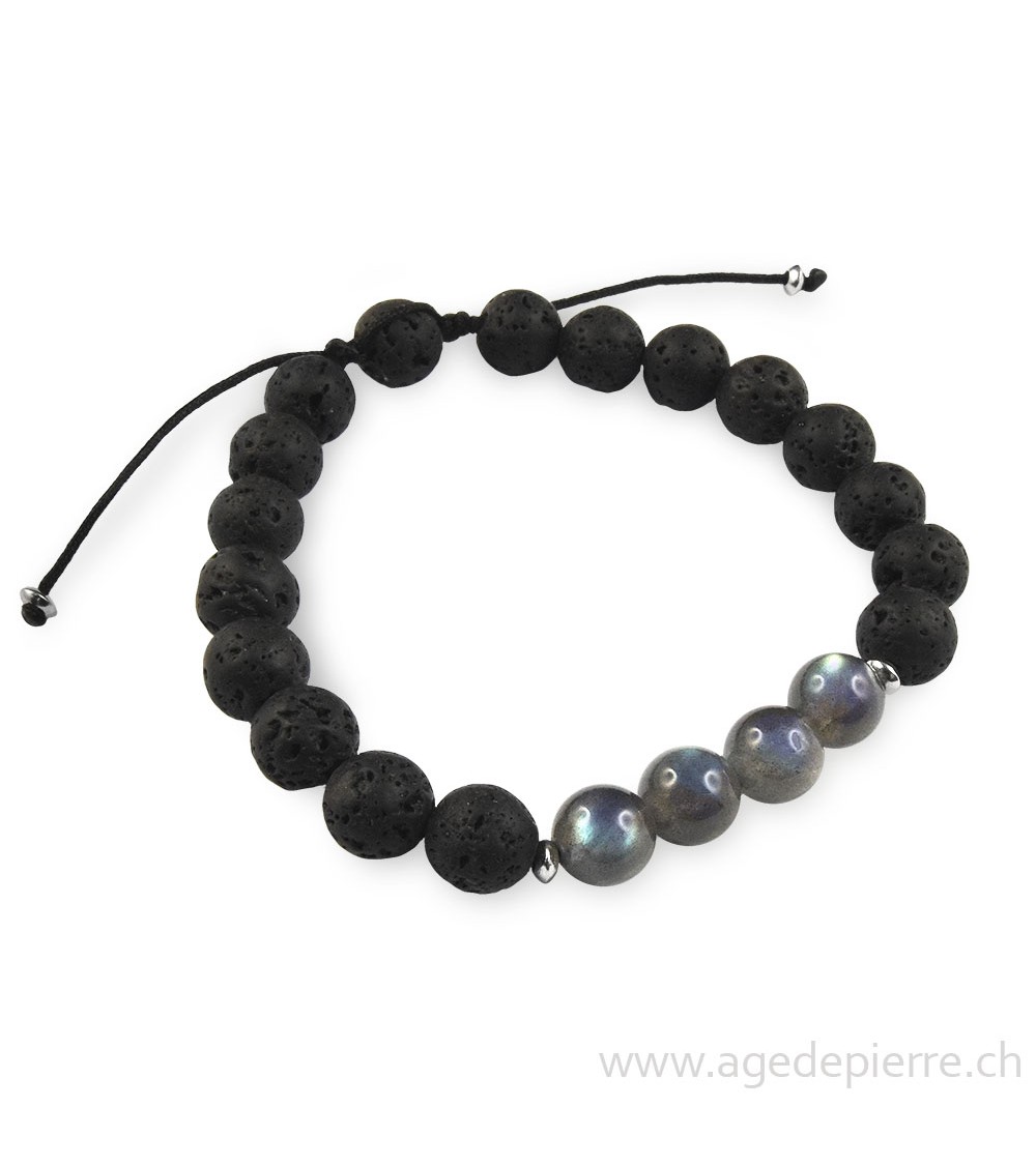 Bracelet shamballa en Labradorite et lave avec perles de 8mm