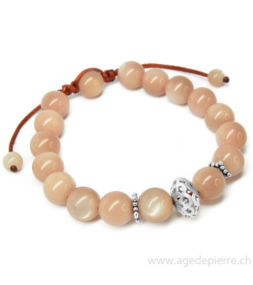 Bracelet shamballa avec pierre de lune saumon et argent