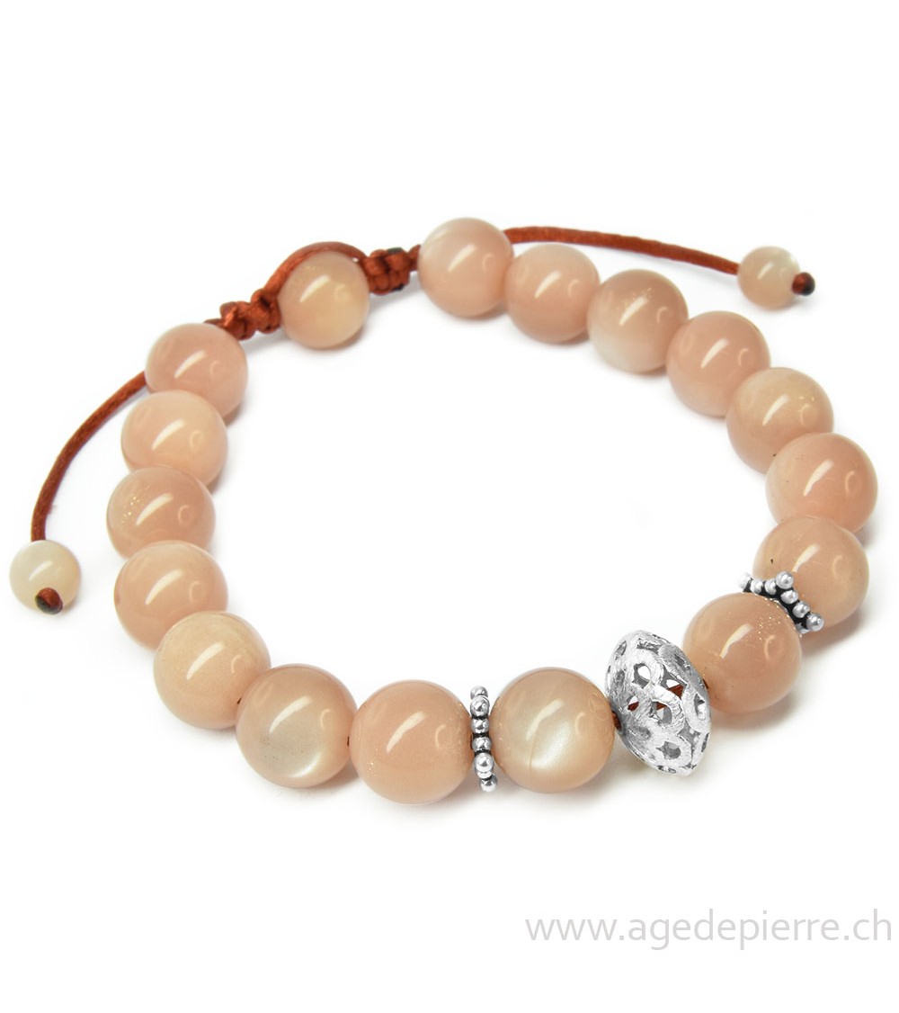 Bracelet shamballa avec pierre de lune saumon et argent