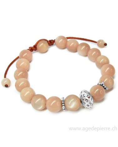 Bracelet shamballa avec pierre de lune saumon et argent