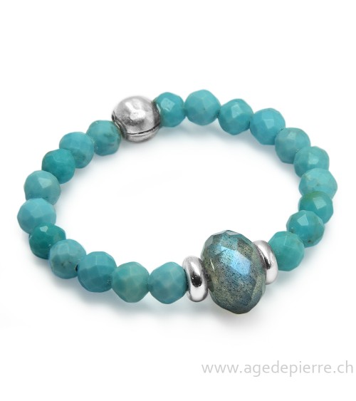 Bague bille turquoise, labradorite facettée et argent 925