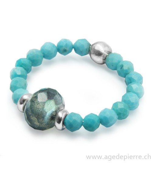Bague bille turquoise, labradorite facettée et argent 925