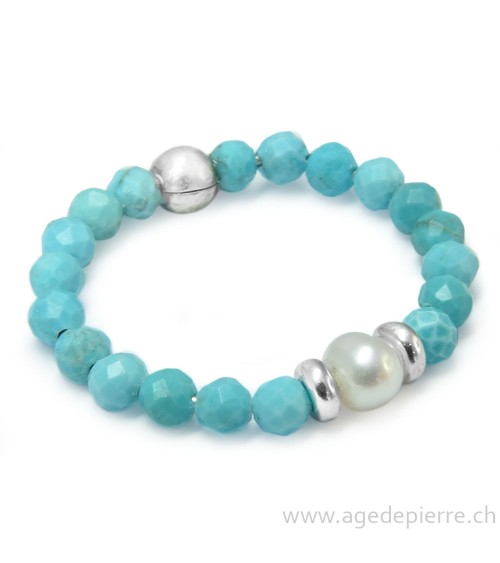 Bague bille turquoise facettée, perle et argent 925