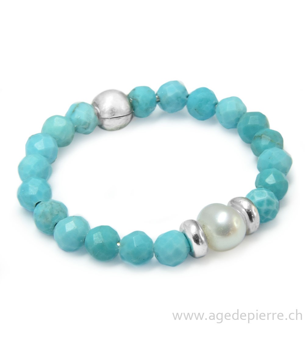 Bague bille turquoise facettée, perle et argent 925