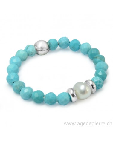 Bague bille turquoise facettée, perle et argent 925