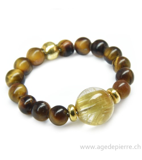 Bague billes avec oeil de tigre, quartz rutile et argent doré