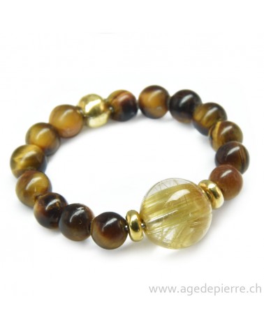 Bague billes avec oeil de tigre, quartz rutile et argent doré