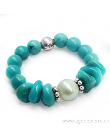 Bague bille turquoise, perle et argent 925