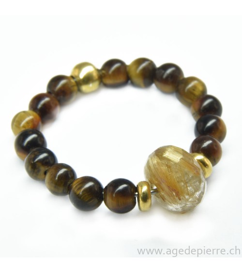 Bague billes avec oeil de tigre, quartz rutile facetté et argent doré
