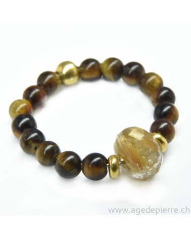 Bague billes avec oeil de tigre, quartz rutile facetté et argent doré