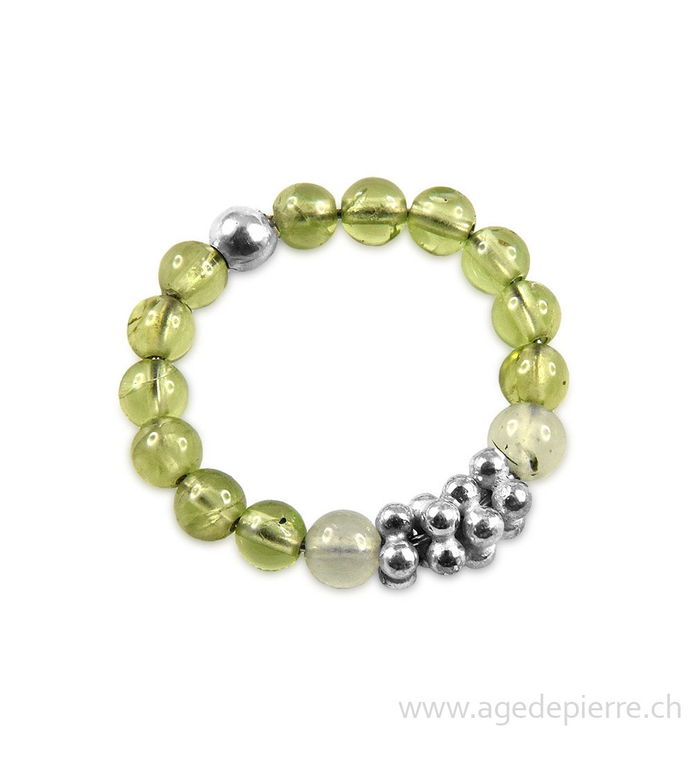 Bague Bille préhnite, péridot et argent