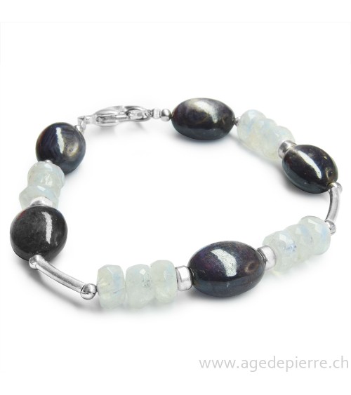 Bracelet en labradorite blanche facettée, rubis étoilé et argent 925