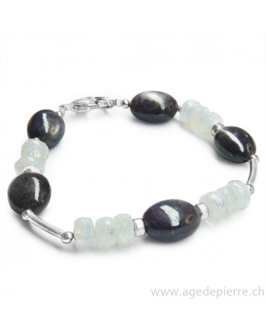 Bracelet en labradorite blanche facettée, rubis étoilé et argent 925