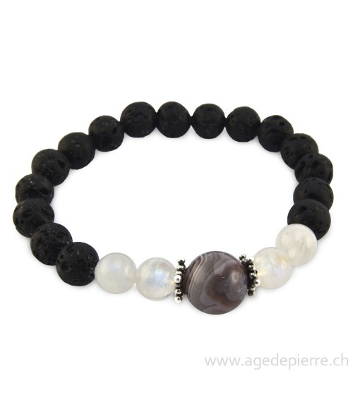 Bracelet avec lave, labradorite blanche, agate et argent l'Âge de pierre Vevey